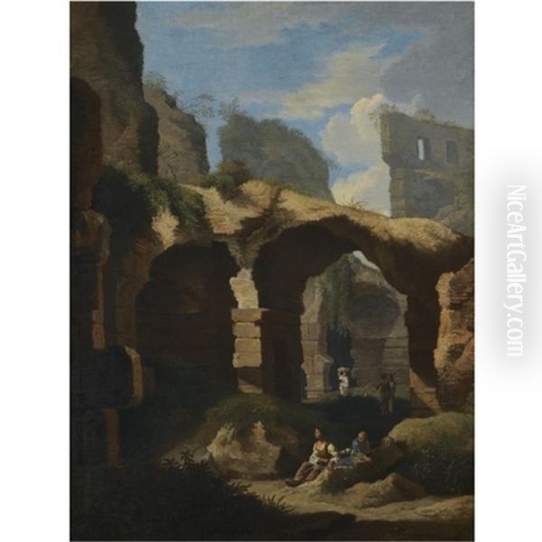 A Landscape With Architectural Ruins And Figures Oil Painting by Jan Frans van Bloemen