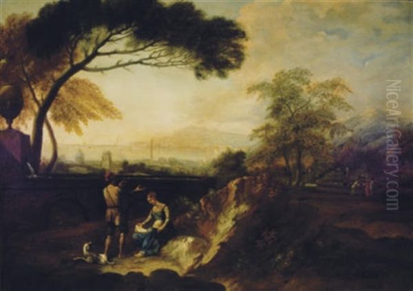 Travelers In A Panoramic Landscape Oil Painting by Jan Frans van Bloemen