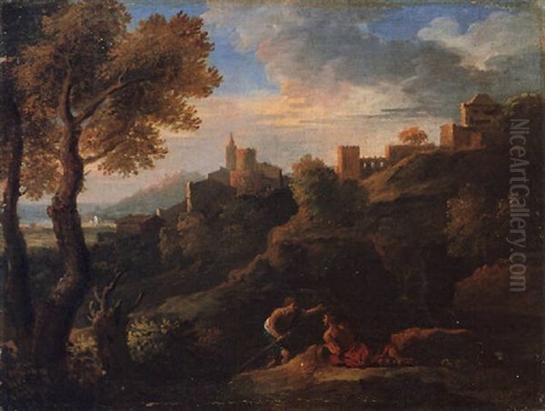 A Classical Landscape With Figures In The Foreground, A Walled Town Beyond Oil Painting by Jan Frans van Bloemen