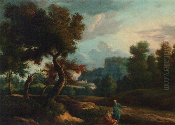 A Classical Italianate Landscape With Figures Conversing On A Track Oil Painting by Jan Frans van Bloemen