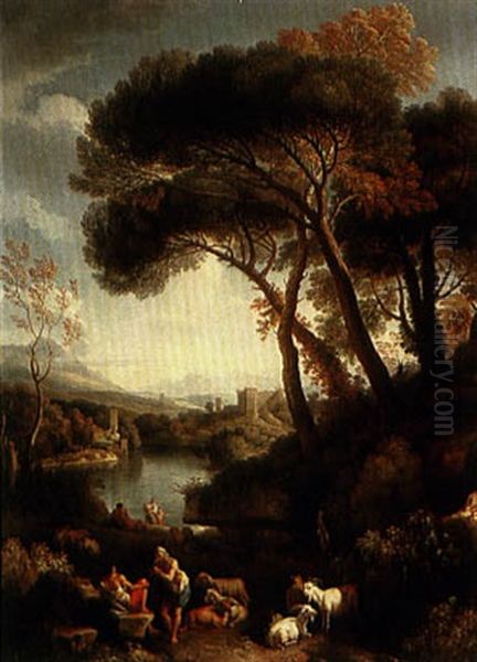 A Classical Landscape With Goatherds Resting Above A River  Valley Oil Painting by Jan Frans van Bloemen