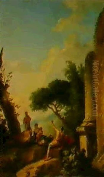 Landscape With Soldiers And Other Figures Beside Classical  Ruins. Oil Painting by Jan Frans van Bloemen