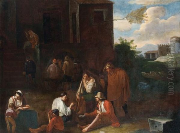 Les Joueurs De Cartes Devant Une Ferme Oil Painting by Norbert van (Cefalus) Bloemen