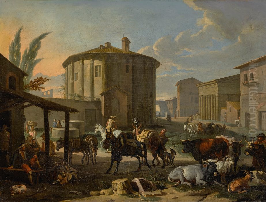 Roman Landscape With Figures And Animals In Front Of The Temple Of Vesta Oil Painting by Pieter van Bloemen