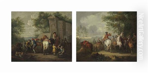 Cavaliers Setting Off On A Journey; And A Military Blacksmith Shoeing Horses By A Ruin (pair) Oil Painting by Pieter van Bloemen