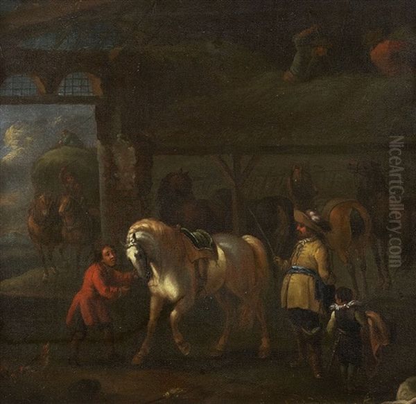 Stallinterieur Mit Vorfuhrung Eines Schimmels Oil Painting by Pieter van Bloemen
