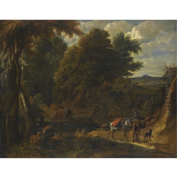 A Wooded Landscape With Herders And Their Animals On A Path, Waterfalls And A Village To The Left (+ A Wooded Landscape With Cattle Drinking From A Stream And Their Herders Resting, Various Sizes; Pair) Oil Painting by Pieter van Bloemen