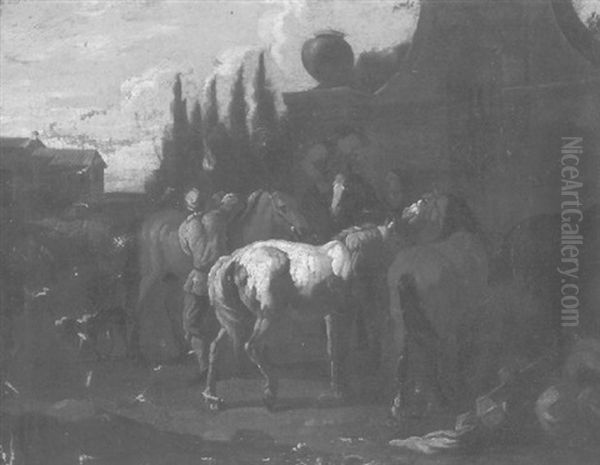 Horses Being Watered At A Fountain In An Italianate Landscape Oil Painting by Pieter van Bloemen