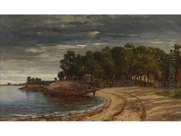 Fisher Folk Along A Beach With Shacks Beyond Oil Painting by Francois de Blois