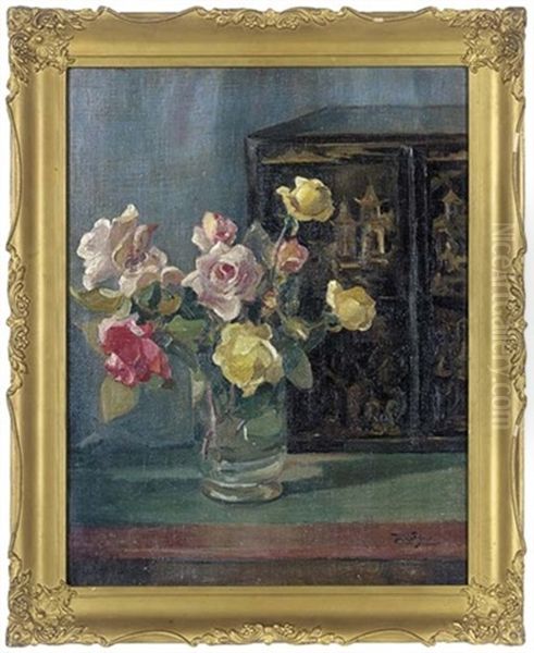 Roses In A Glass Vase Oil Painting by Francois de Blois