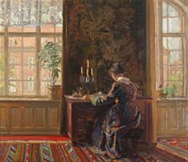 Interior With A Woman Oil Painting by Gerhard Lichtenberg Blom