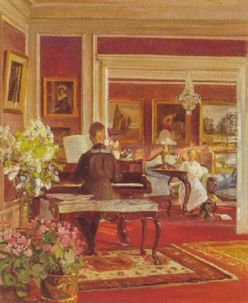 Stueinterior Med Dreng Der Spiller Pa Flygel Medens Moder Og Lillebror Lytter Til Oil Painting by Gerhard Lichtenberg Blom