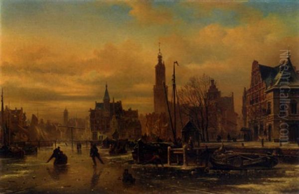 Skaters On A Frozen Canal Oil Painting by Elias von Blommel