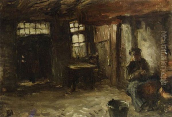 Peeling The Potatoes, A Study Oil Painting by Bernardus Johannes Blommers