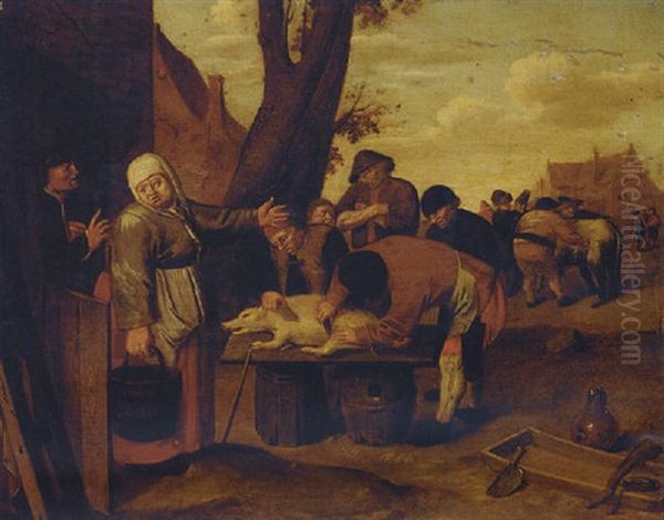 Peasants Jointing A Pig Outside A Cottage Oil Painting by Pieter de Bloot