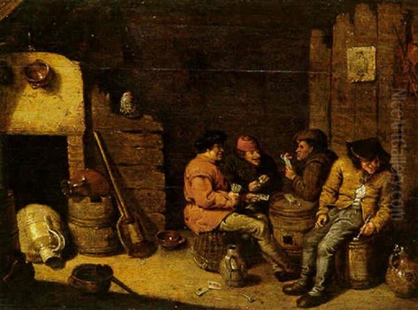 Peasants Playing Cards In A Barn Interior Oil Painting by Pieter de Bloot