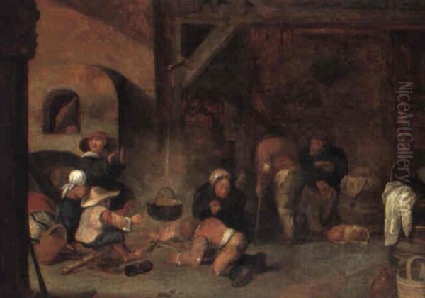 The Interior Of A Barn With Peasants Warming Themselves Oil Painting by Pieter de Bloot