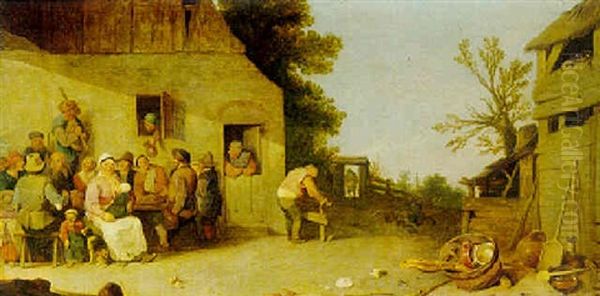Peasants Feasting Outside A Farmhouse Oil Painting by Pieter de Bloot