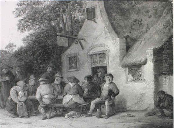 Peasants Gathered Around A Table Outside An Inn Oil Painting by Pieter de Bloot