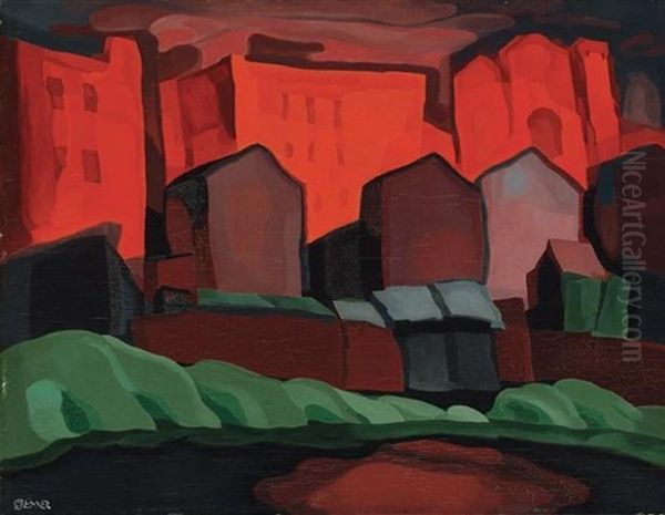 American Night-red Glare Oil Painting by Oscar Bluemner