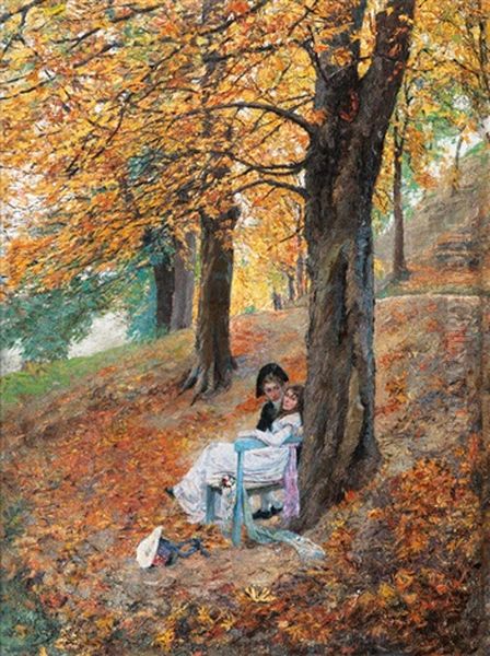 Lovers In An Autumnal Park Oil Painting by Oscar Bluhm