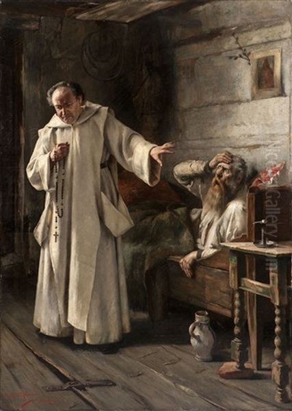 The Confession, A Priest Visiting An Elderly Bedridden Man Oil Painting by Edmund Blume