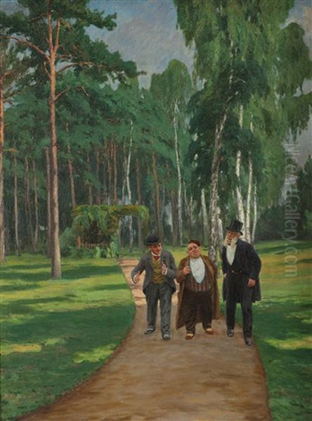 Tre Herrer Pa Tur I Parken Oil Painting by August Blunck