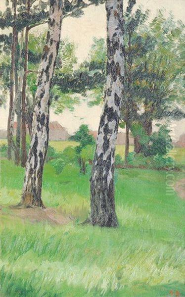 Meadow With Birches Oil Painting by August Blunck