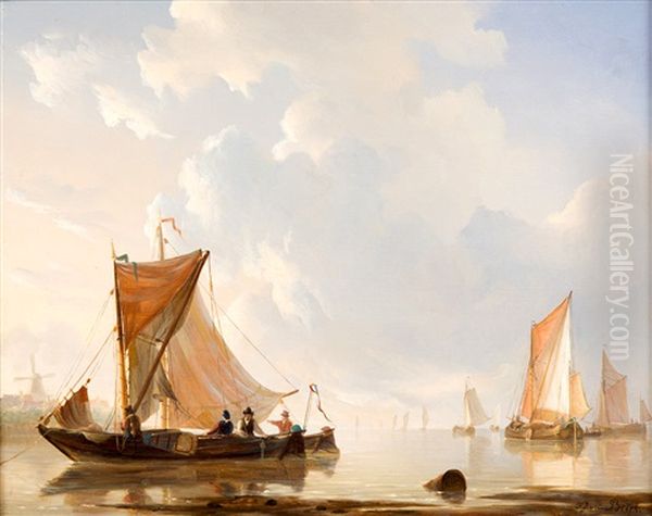Fishing Boats On Calm Water Oil Painting by Frans Jacobus van den Blyk