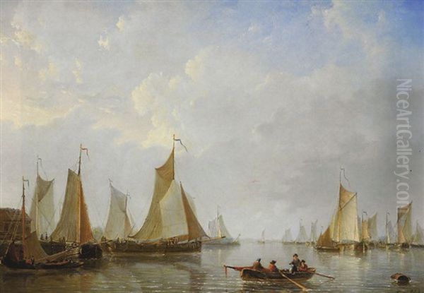 Le Depart Des Bateaux De Peche Avec Barque En Avant-plan Oil Painting by Frans Jacobus van den Blyk