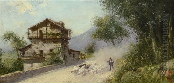 Paesaggio Montano Con Gregge E Pastore Oil Painting by Giacinto Bo