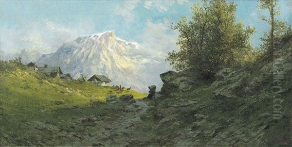 Paesaggio Montano Con Baite E Pascolo Oil Painting by Giacinto Bo