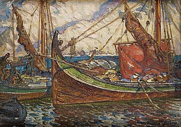 Segelskutor Pa Redden, Motiv Fran Lofoten Oil Painting by Anna Katarina Boberg