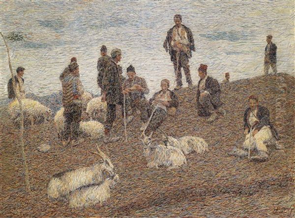 Rastende Hirten Und Herde Oil Painting by Spiro Bocaric