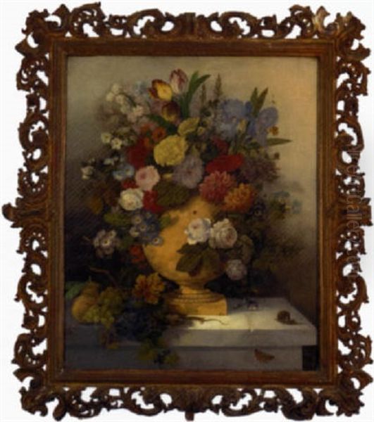 Summer Flowers In An Urn, Peaches, Grapes, A Lizard, A Bird's Nest, A Snail, A Butterfly And Other Insects Oil Painting by Giuseppe Boccaccio