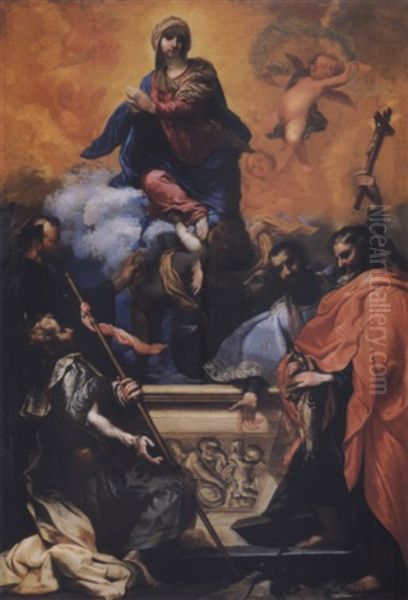 The Assumption Of The Virgin With Saints Jacobus,a Franciscan, Ignatius, Francis Xavier (or John Nepomuk) And Andrew Oil Painting by Clemente Bocciardo
