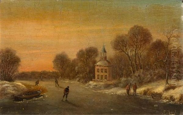 Winter Landscape With Ice Skaters Oil Painting by Anna Boch