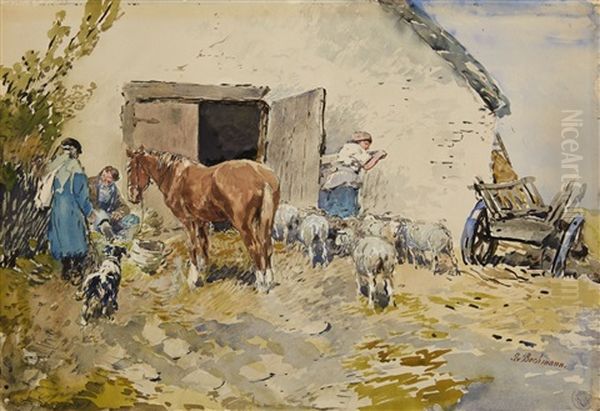 Farm With A Horse And Sheep Oil Painting by Gregor von Bochmann the Elder