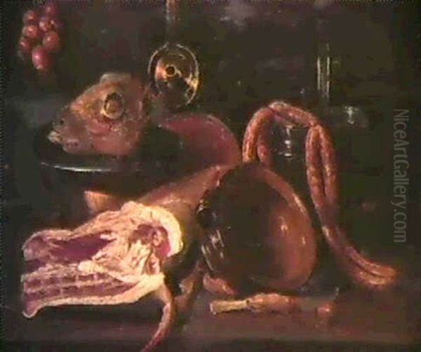 Nature Morte A La Piece De Viande Et Aux Ustensiles De      Cuisine; Nature Morte Aux Poissons Et Aux Huitres Oil Painting by Andries van Bochoven