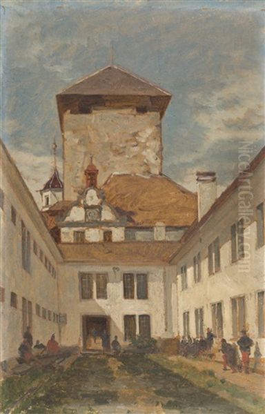 Internes Francais Dans La Cour Du Chateau D'aubonne Oil Painting by Francois-Louis-David Bocion