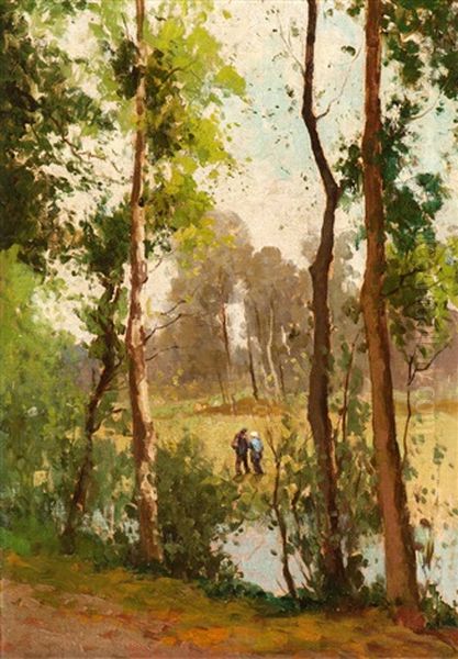 Two Wanderers In A Light Birch Forest Oil Painting by Theophile Emile Achille De Bock