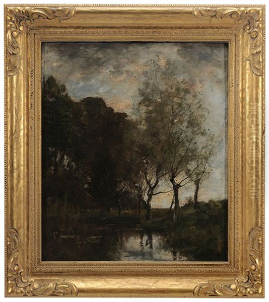 Stream With Pollarded Trees Oil Painting by Theophile Emile Achille De Bock