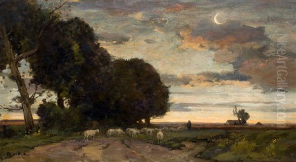Avondlandschap Met Herder En Schaapskudde Oil Painting by Theophile Emile Achille De Bock