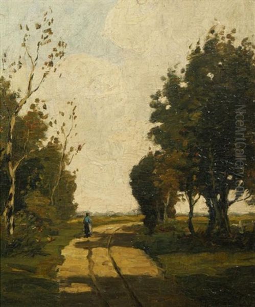Woman On A Road Oil Painting by Theophile Emile Achille De Bock