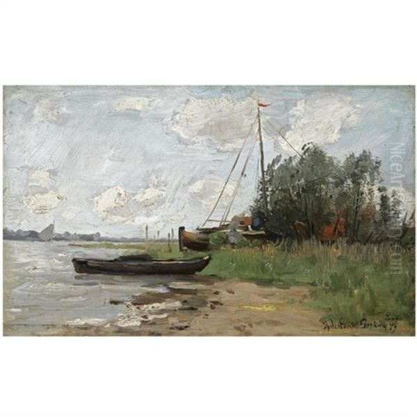 On The Riverbank Near Gorkum Oil Painting by Theophile Emile Achille De Bock