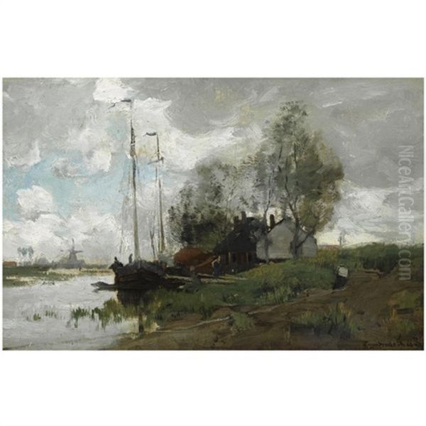 A Canal Near Zwijndrecht Oil Painting by Theophile Emile Achille De Bock