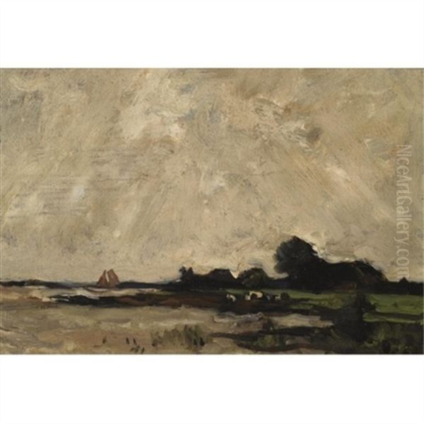 A Polder Landscape Oil Painting by Theophile Emile Achille De Bock