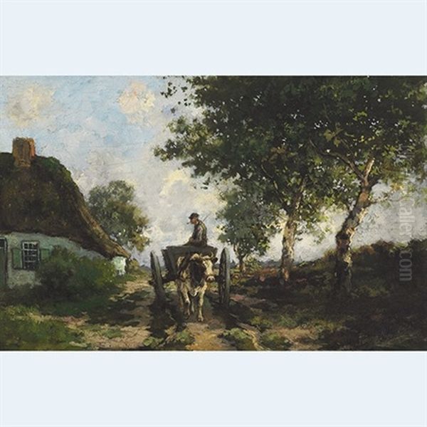 Farmer Driving His Ox Cart On A Country Lane Oil Painting by Theophile Emile Achille De Bock