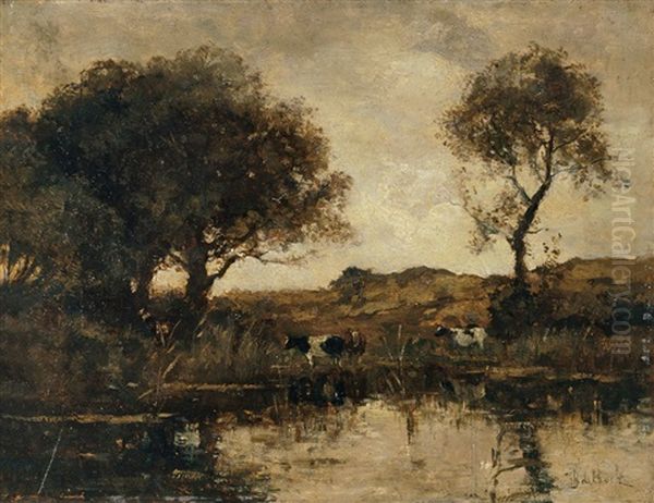 Baumbestandene Weidelandschaft Mit Rindern Am Wasser Oil Painting by Theophile Emile Achille De Bock