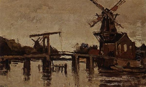 Drawbridge With Windmill De Adriaan, Haarlem Oil Painting by Theophile Emile Achille De Bock